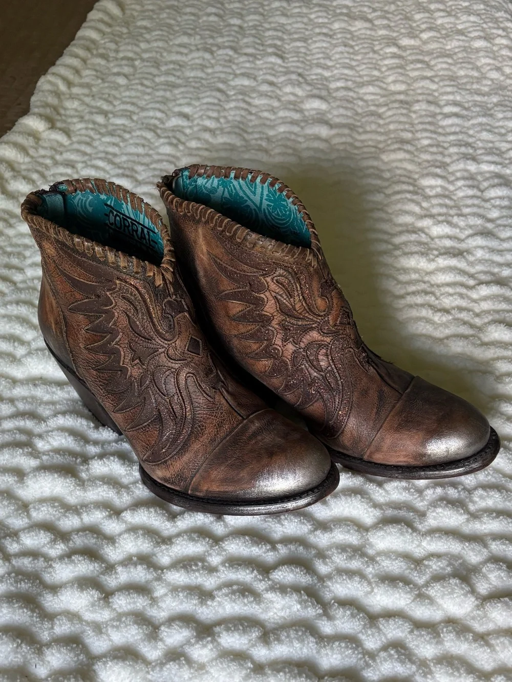 Corral LD Brown Glitter Leather Woven & Overlay Eagle Dizayn Ankle Boot